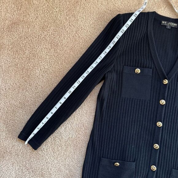 St. John Collection Black Santana Knit Sweater Blazer Gold Buttons Pockets Sz 8 - Picture 9 of 10